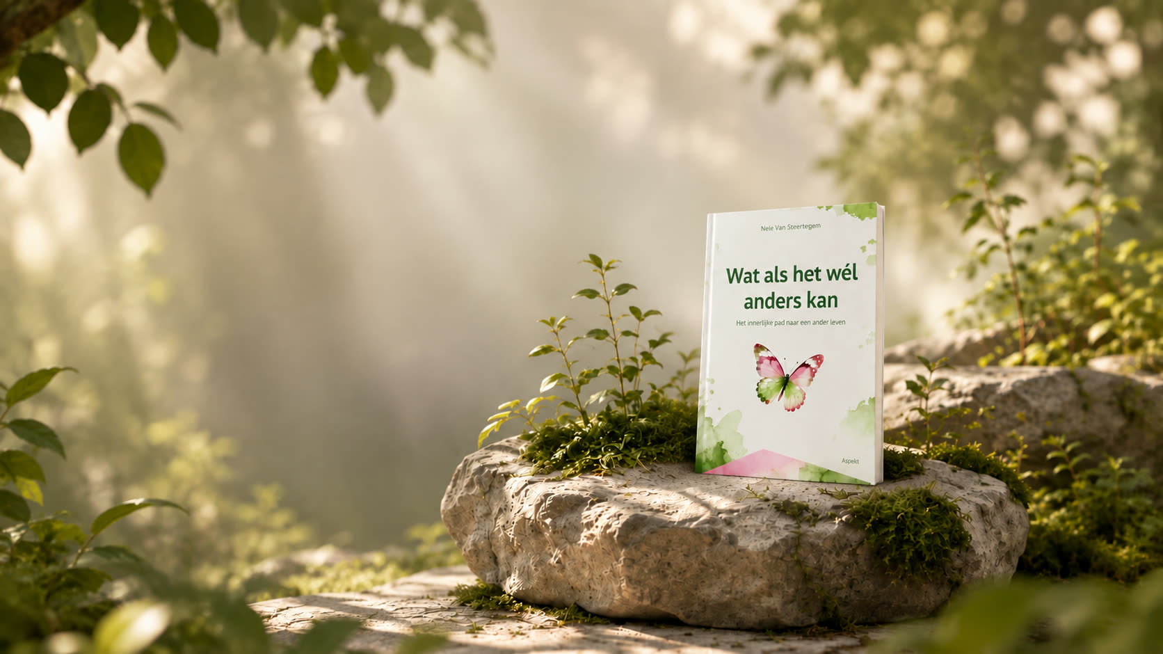 Het boek 'Wat als het wél anders kan' staat rechtop op een bemoste steen in een bos, met zonlicht dat door de bladeren valt